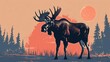 Illustration of a moose in a forest at sunset with an orange sun and silhouetted pine trees in the background
