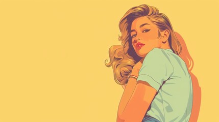 Wall Mural -   Illustration of a woman with blonde hair in a light blue top, looking over her shoulder against a yellow background