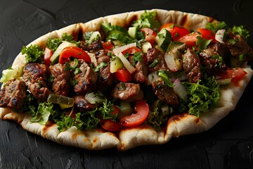 Wall Mural - Top View of Souvlaki Pita on a Black Background - Greek Cuisine. Concept Food Photography, Greek Cuisine, Souvlaki Pita, Top View Composition, Black Background