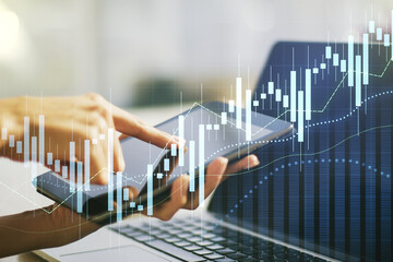 Poster - Double exposure of abstract creative financial diagram with finger clicks on a digital tablet on background, banking and accounting concept