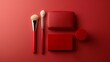 Elegant red makeup accessories on a red background, including brushes, a compact, and a pouch