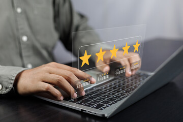 Wall Mural - evaluating 5-star customer satisfaction, online survey for quality service experience online applica
