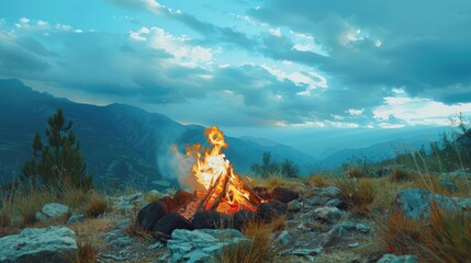 Bonfire outdoor adventure with mountains landscape view background. AI generated image