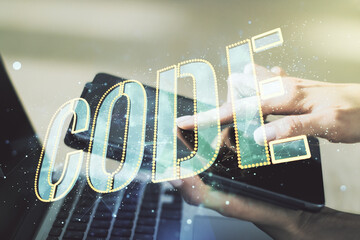 Aufkleber - Creative Code word hologram and finger clicks on a digital tablet on background, artificial intelligence and neural networks concept. Multiexposure