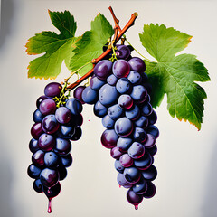 Wall Mural - bunch of black grapes with leaves and drops of wine on a white background