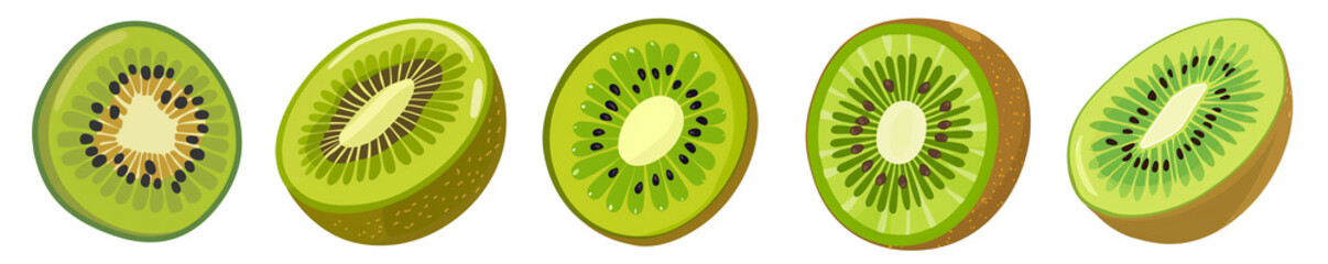 Wall Mural - Flat vector illustration of pieces of kiwi from different angles isolated on transparent background