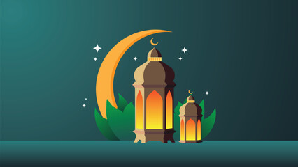 Ramadan kareem flat vector illustration with clouds, mosque, lanterns, crescent moon and stars. Can be used for banners, posters, backgrounds, landing pages, greeting cards, covers, etc.