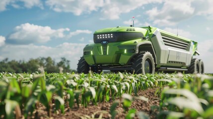 Robotic farming vehicle operating in an agricultural field, showcasing precision farming technology