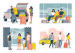 People who are happy to settle down at the destination. Concept of tourism, journey, trip. Set of vector flat illustration of tourists, persons with luggage.