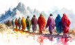 Colorful figures walking in a line in a watercolor painting. Artistic representation and abstract people concept, The twelve chosen, disciples. Biblical. Christian religious