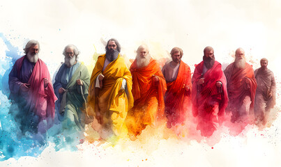 Wall Mural - Colorful figures walking in a line in a watercolor painting. Artistic representation and abstract people concept, The twelve chosen, disciples. Biblical. Christian religious