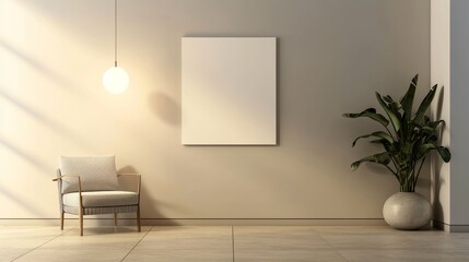 Canvas Print - A room with a blank poster on the wall, an armchair, a switched-on lamp above it and an indoor flower in the corner