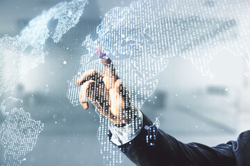 Poster - Multi exposure of businessman hand clicks on abstract graphic world map on blurred office background, big data and networking concept