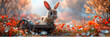 Adorable rabbit carting a load of Easter eggs amidst a field of blooming red flowers
