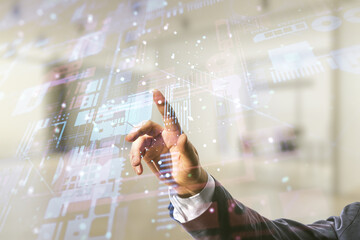 Poster - Multi exposure of businessman hand clicks on abstract graphic coding sketch on blurred office background, big data and networking concept