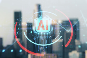 Poster - Double exposure of creative artificial Intelligence abbreviation hologram on blurry office buildings background. Future technology and AI concept
