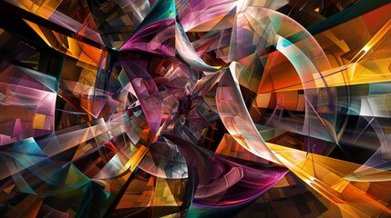 Poster - Abstract Digital Artwork of Dynamic Colorful Shapes
 This abstract digital artwork captivates with its dynamic interplay of colorful shapes and textures, creating a visually stunning geometric composi