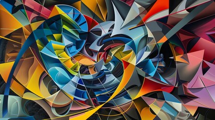 Poster - Complex Geometric Abstract with Vivid Colors This abstract artwork showcases a complex geometric structure with a vivid interplay of colors, creating a striking visual effect that is both dynamic and
