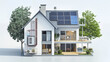 modern house building with solar panels and heat pump illustration