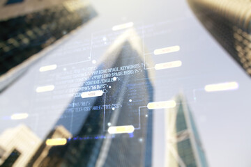 Poster - Multi exposure of abstract graphic coding sketch on modern architecture background, big data and networking concept
