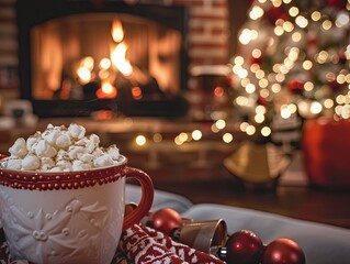 Wall Mural - Holiday Season Comfort with Fireplace and Hot Cocoa
 Inviting holiday scene featuring a steaming mug of hot cocoa with marshmallows, a cozy fireplace, and a Christmas tree adorned with lights.
