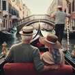Middle aged couple on a romantic gondola ride in Venice sightseeing the city. Travel, vacation, romance. Partnership. Love relationship. Boyfriend and girlfriend. Married couple. Generative AI