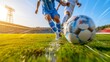 © Thaniya - Striking soccer scene with two players in blue and white, fiercely contesting the ball on a sunlit field. Focused athletes in vivid blue engage in a tense battle for possession on the lush green pitch