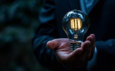 Idea Concept with Glowing Light Bulb in Hand. A businessman in a suit holds a brightly illuminated light bulb, symbolizing inspiration, ideas, and innovation.