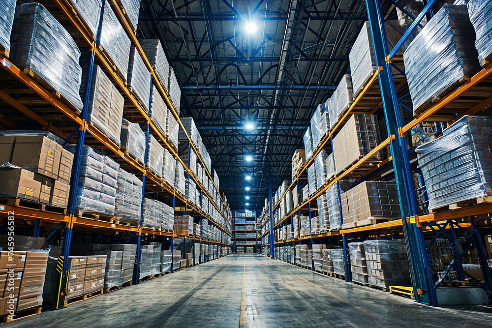 Logistics center interior full of racks with large number packs ...