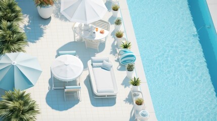 Poster - Top View of the Clear Blue Pool, Sun Loungers, Umbrellas, palm trees, A Relaxation Area On A sunny Day On Vacation in the Resort. Summer Holidays at the Hotel.