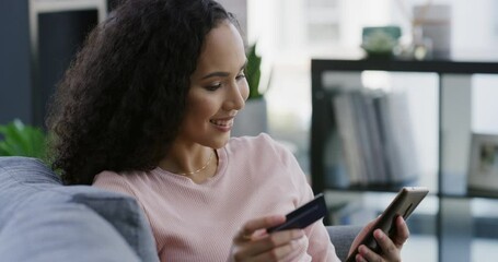 Poster - Woman, credit card and phone on sofa for online shopping, e commerce and payment at home.. Young person relax on couch with mobile for internet banking, website subscription or registration for loan