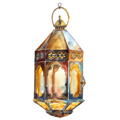 Wall Mural - watercolor painting of a golden Islamic antique lantern on a white background.