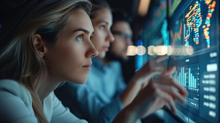 Aufkleber - Group of people looking at data analysis on digital monitor displaying various marketing data. Generative AI.