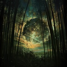 Surreal Dark Matter Universe With Bamboo Forest Silhouette, Merging Cosmic Mystery With Earthly Grace