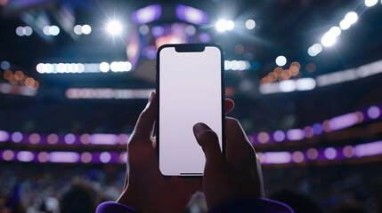 Man fan hands holding isolated smartphone device in basketball crowed stadium game with blank empty white screen, sports betting concept