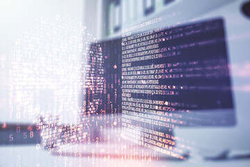 Poster - Double exposure of creative code skull hologram and modern desktop with laptop on background. Malware and cyber crime concept