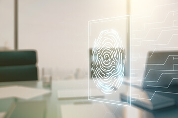 Aufkleber - Abstract creative fingerprint illustration and modern desktop with pc on background, personal biometric data concept. Multiexposure