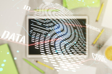 Aufkleber - Multi exposure of creative fingerprint hologram and digital tablet on background, top view, personal biometric data concept