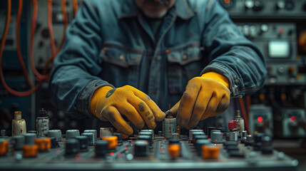 Wall Mural - a man wearing yellow gloves is working on electrical equipment, in the style of dark indigo and light azure, soft, atmospheric lighting, firecore, award winning, 32k uhd, the aesthetic movement, light