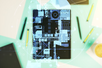 Poster - Double exposure of creative human head microcircuit and modern digital tablet on background. Future technology and AI concept