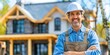 © Dougie C - Smiling skilled construction worker with hardhat building a new home at a site projects reliability and quality craftsmanship.