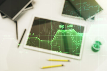 Poster - Abstract creative stats data concept and modern digital tablet on background, top view. Multiexposure