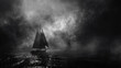 Dark skies over a dreamy sea, where ghostly ships sail in silence, navigating through the hallucinogenic fog of lost souls
