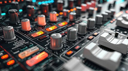 Fototapete - A mixer control panel, knobs, switches. Generative AI.