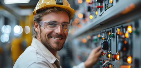 Poster - Automotive worker smiling while working at an electronics panel in an electronics company setting. Generative AI.