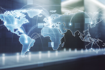 Poster - Abstract graphic digital world map hologram with connections on blurry contemporary office building background, globalization concept. Multiexposure
