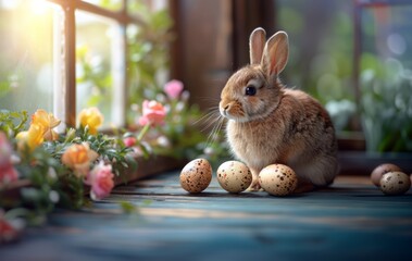 Wall Mural - Easter bunny and easter eggs on a wooden table, copy space