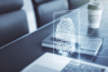 Aufkleber - Double exposure of abstract creative fingerprint hologram on laptop background, research and development concept