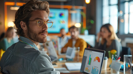 Poster - Team of young professionals working on internet marketing strategies, with laptops open and colorful infographics on the screens, in a high-tech startup style. Generative AI.