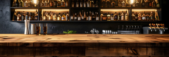 Wooden desk of bar and free space for your decoration.